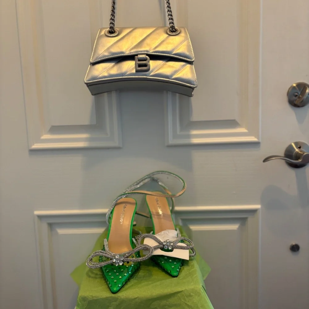 NEW Public Desire Azealia Neon Green Crystal Diamanté 7.5 Wrap Around Bow Heels - Picture 12 of 14